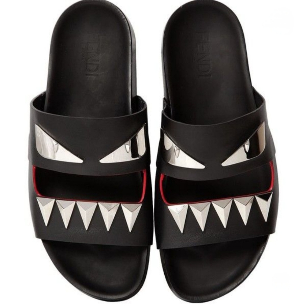 FENDI Black and Chrome Monster Slides Men's Sz 9  - 100% Authentic!